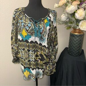 Paparazzi Boho Print Peasant Blouse L Tassel Tie Floral Tunic Top